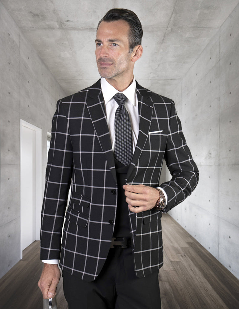 Men's black plaid suit with white grid lines. Tailored jacket, two front pockets. Includes low-cut black vest for a sleek, modern look.
