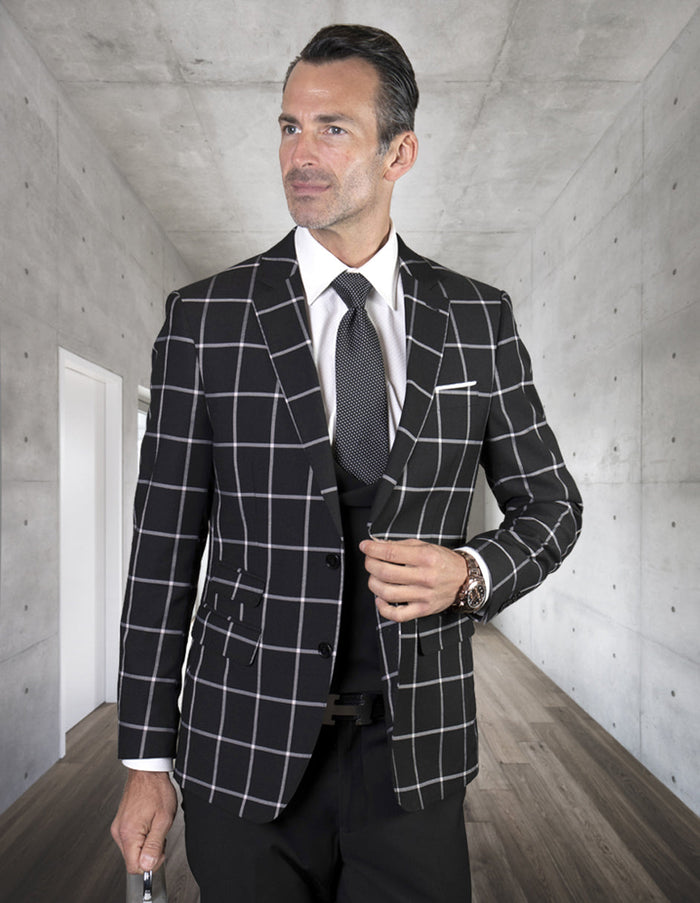 Men's black plaid suit with white grid lines. Tailored jacket, two front pockets. Includes low-cut black vest for a sleek, modern look.
