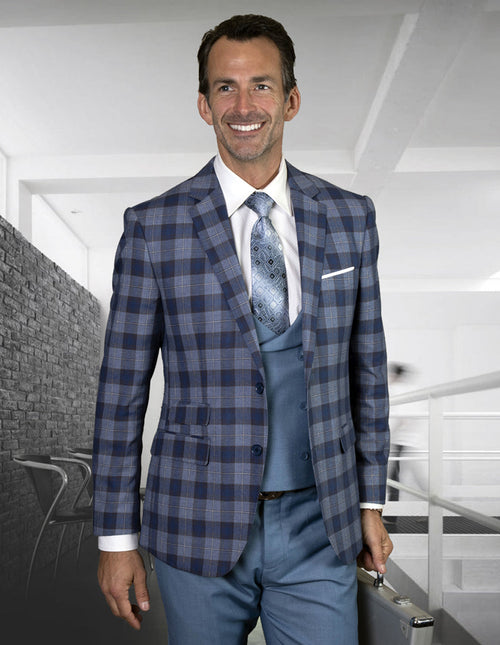 Men's indigo plaid 2-button suit with blue & navy check. Includes low-cut vest in solid blue. Jacket features side pockets & smooth lapel.
