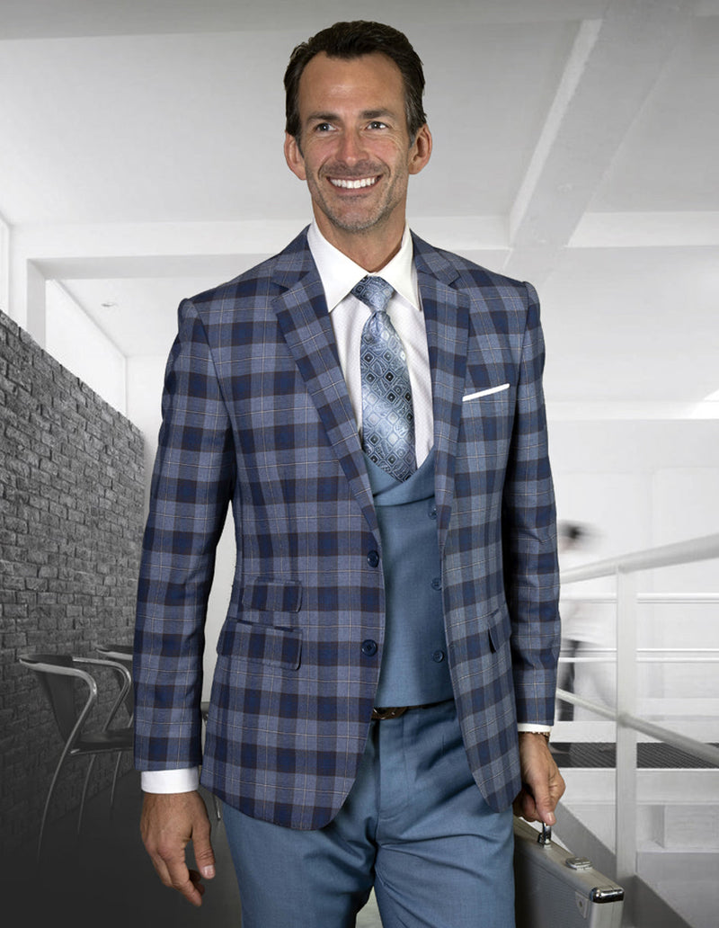 Men's navy plaid 2-button suit with blue, gray & black tones. Jacket: 2 pockets. Includes low-cut vest. A stylish & versatile look.