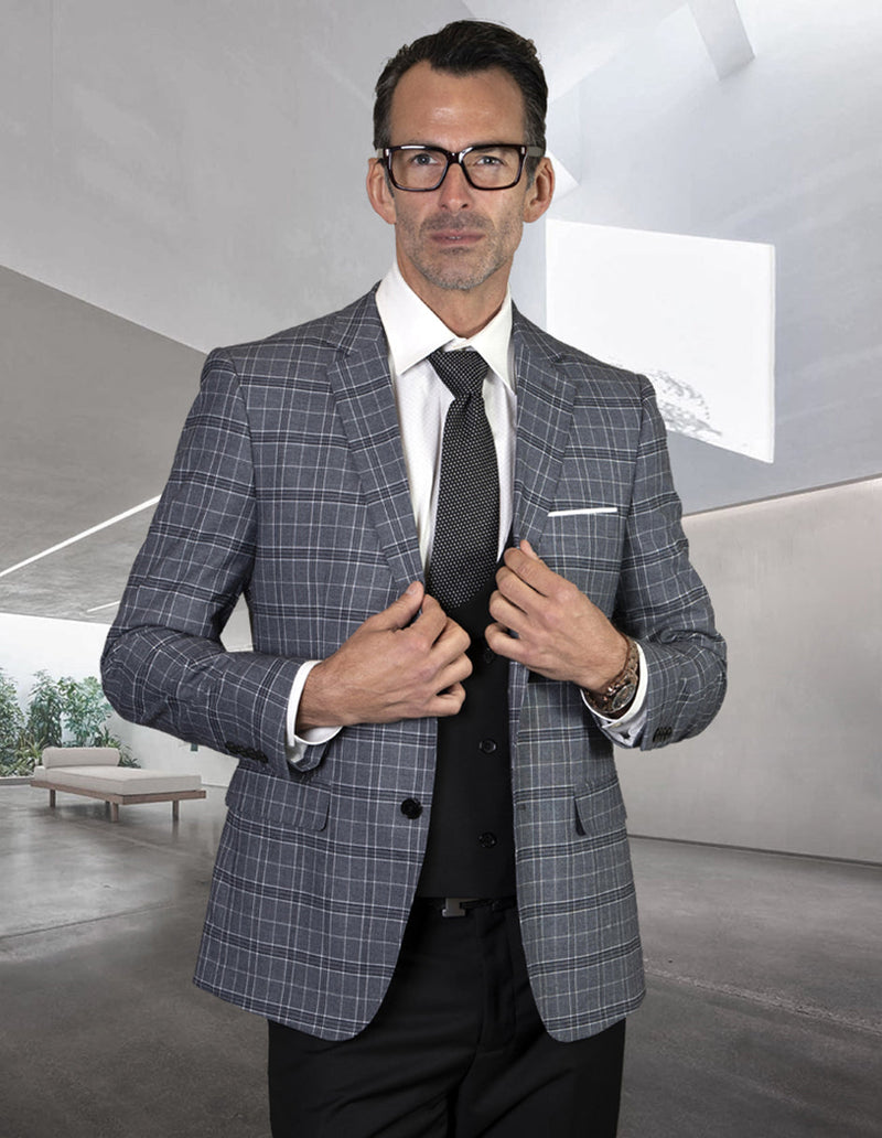 Men's 2-button suit: fitted black mini plaid jacket with notch lapel, paired with a low-cut black vest. Structured shape, gray/black color palette. Vest smooth, jacket textured.