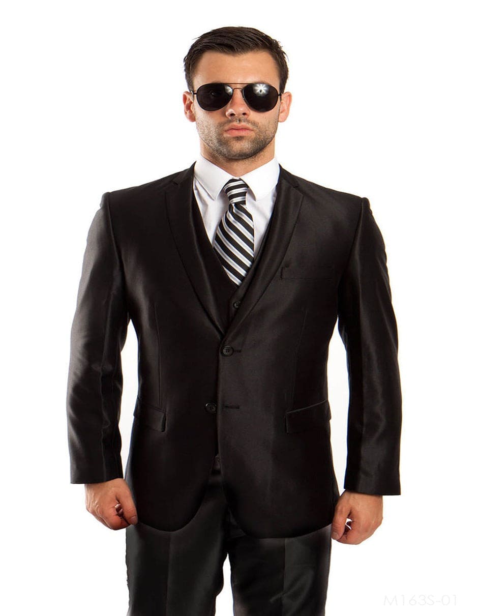 Grey Sharkskin Suit Mens Tazio Vested Slim Fit Shiny Sharkskin Suit in Black
