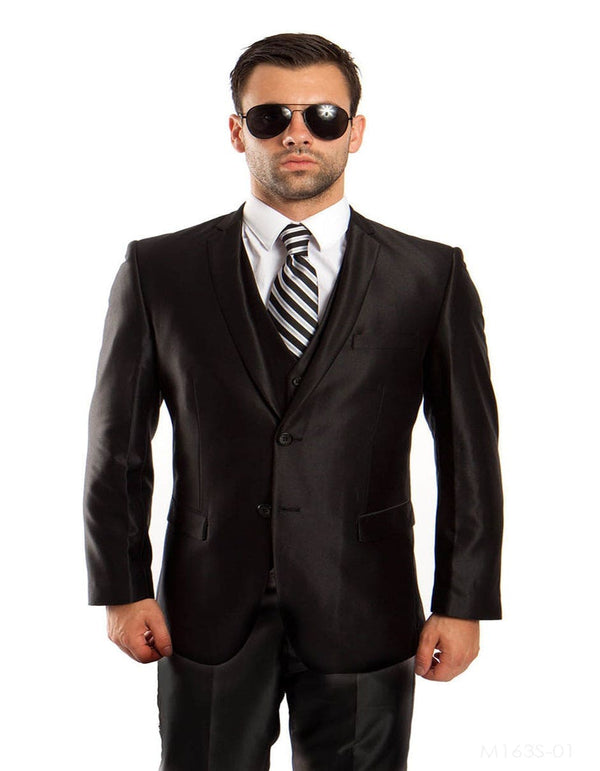 Grey Sharkskin Suit Mens Tazio Vested Slim Fit Shiny Sharkskin Suit in Black