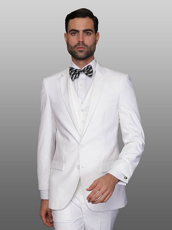 Mens Cheap White Suit 2 Button Vested Skinny Wool Suit in White