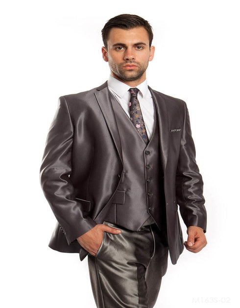 Mens Shiny Mens Tazio Vested Slim Fit Shiny Sharkskin Suit in Charcoal