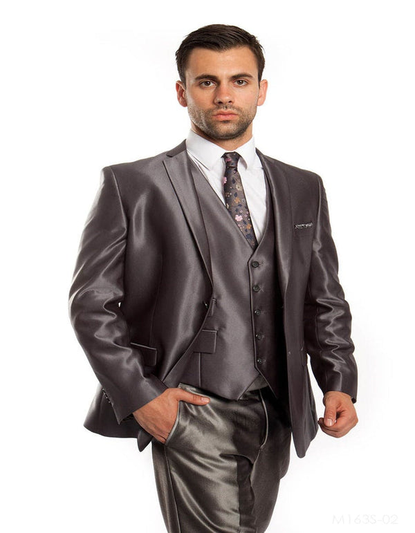 Mens Shiny Mens Tazio Vested Slim Fit Shiny Sharkskin Suit in Charcoal