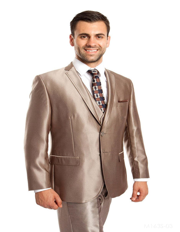 Mens Shiny Mens Tazio Vested Slim Fit Shiny Sharkskin Suit in Champagne