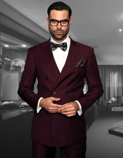 Mens Classic Wool Double Breasted Classic Suit in Burgundy