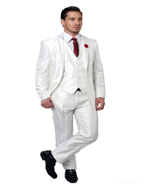 Mens Shiny Mens Tazio Vested Slim Fit Shiny Sharkskin Suit in White