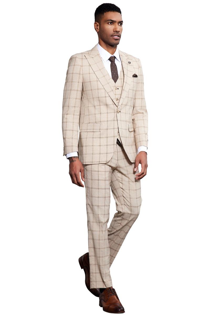 Tan one-button Stacy Adams suit with peak lapel, windowpane plaid pattern, and matching vest. Features straight-leg trousers for a coordinated look.
