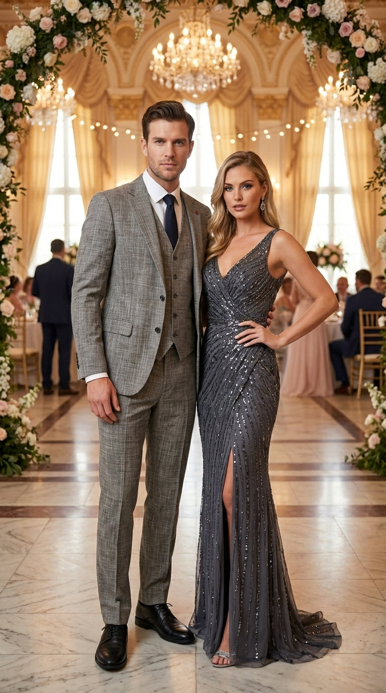 Vitali Brand Men’s Grey Textured Patterned 3 Piece Suit – Modern Fit Checkered Sharkskin with Blazer, Vest & Trousers, Business Wedding