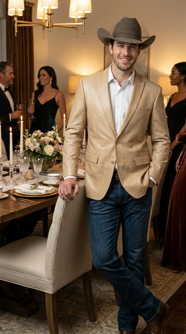 Men’s Champagne Gold Western Blazer, Formal Cowboy Wedding Ranch Sport Coat Jacket tan beige color sheen sharkskin fabric