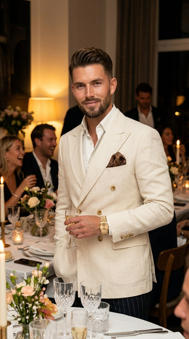 Men’s Ivory Linen Double Breasted Blazer, Lightweight Wedding Dinner Sport Coat Jacket Cream Off White