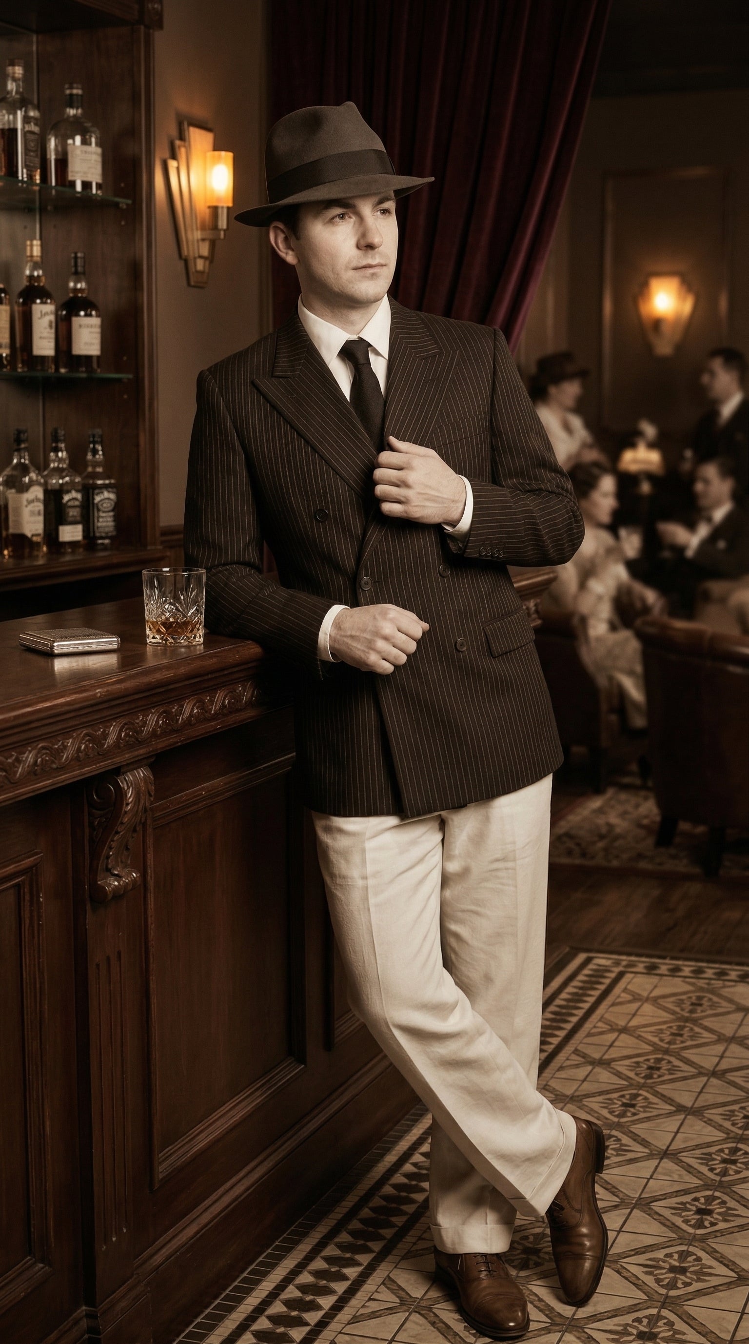 Men’s Black Pinstripe Blazer with White Pants 1920s Gangster Mob Boss Style Suit – Double Breasted Vintage Formal Jacket, Classic Party Costume Wear