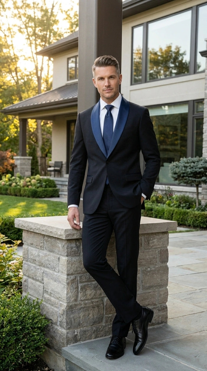 Men's Alberto Nardoni Black Suit with Navy Blue Lapel | Elegant Formal Tuxedo Style Suit for Wedding | Prom | Party and Evening Wear