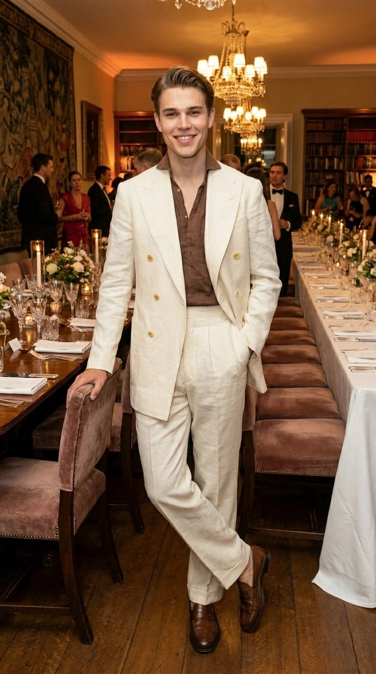 Men’s Off White 70s Style Double Breasted Suit – Vintage Retro Wide Lapel Classic Outfit for Party, Wedding and Casual Fashion Wear