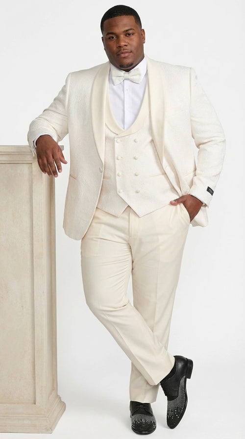 Men's Ivory Paisley Tuxedo Suit 3 Piece One Button Vested Satin Formal Suit for Wedding in Off white Cream Color | Alberto Nardoni Men's Ivory Paisley Tuxedo Suit 3 Piece One Button Vested Satin Formal Suit for Wedding in Off white Cream Color | Alberto Nardoni