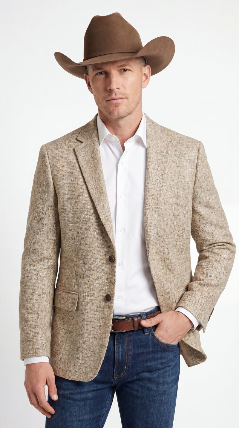 Men’s Light Tan Sand Tweed Cowboy Blazer – Country Style Western Jacket for Casual, Ranch, Saco Para Vaquero