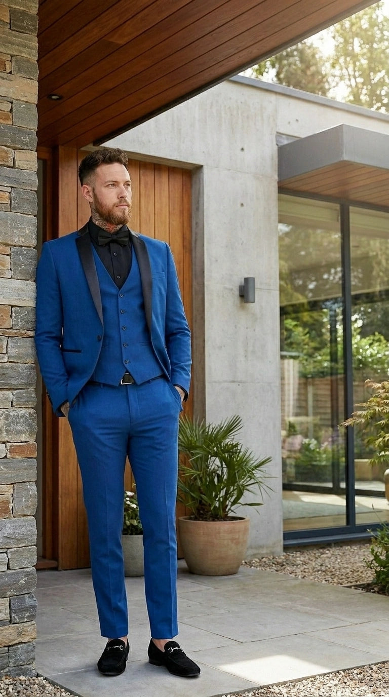Men’s Royal Blue 3 Piece Suit with Black Lapel – Modern Formal Suit for Wedding, Prom and Party Wear