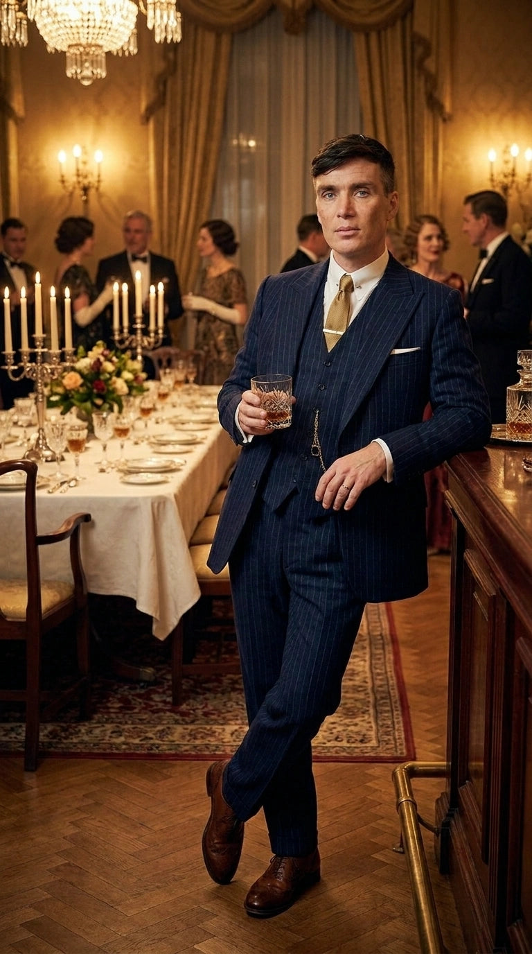 Men’s Navy Blue Pinstripe 3 Piece Suit, Thomas Shelby Inspired Vintage Formal Suit for Weddings, Parties, Prom, and Special Events