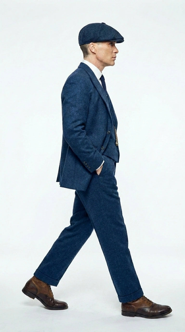 Men’s Blue 3 Piece Suit, Thomas Shelby Inspired Vintage Formal Suit Herringbone Tweed 1920s fabric
