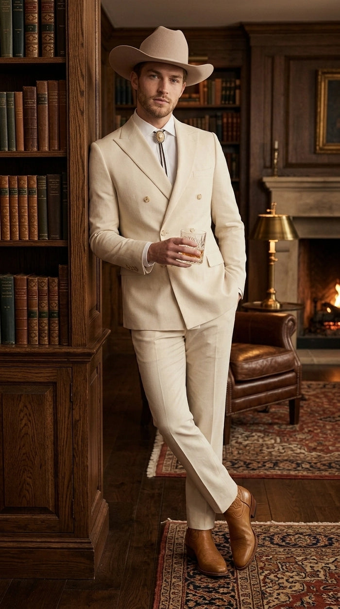 Men’s Tan Linen Cowboy Suit, Double Breasted Western Wedding Formal Western Suit Country style in Beige Tan Color