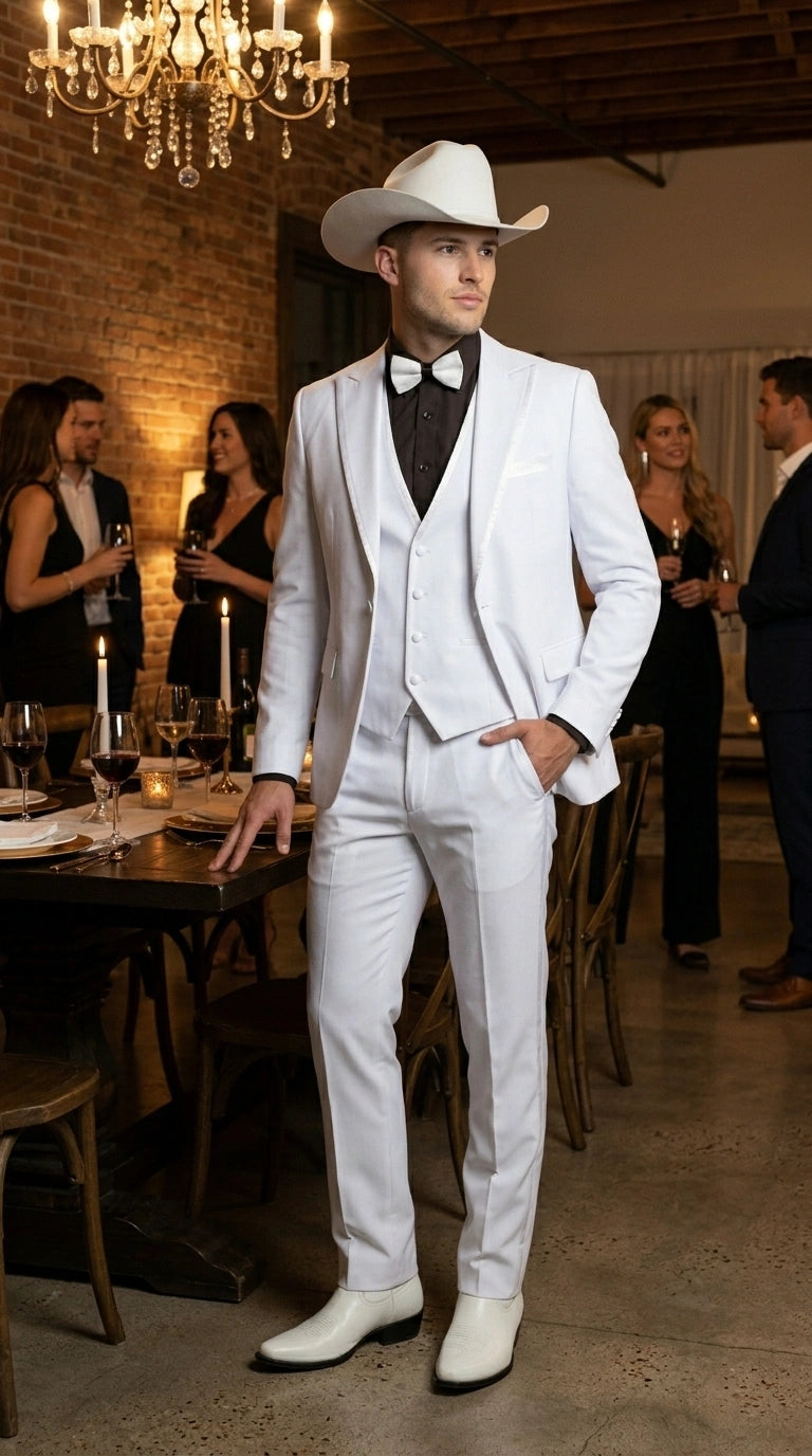 Men’s White Western Cowboy 3 Piece Tuxedo Suit, Formal Wedding Prom Groom Suit Set