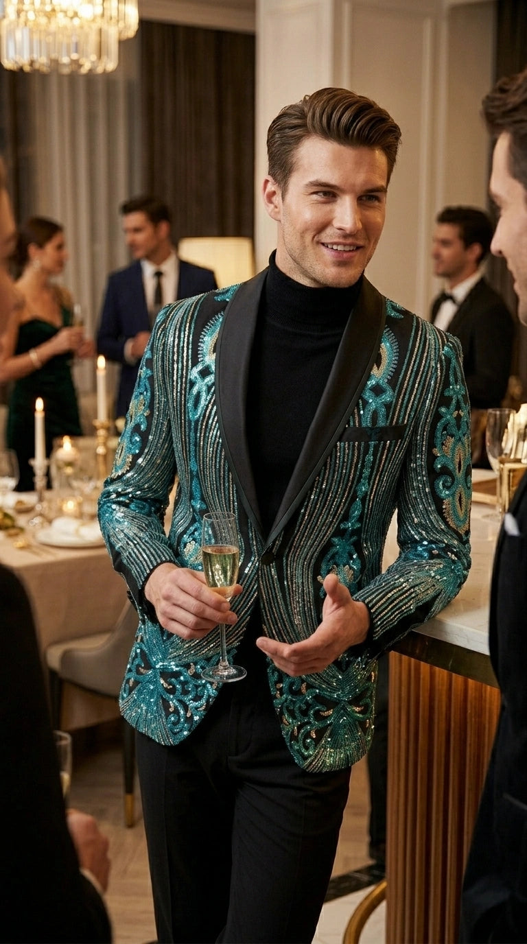 Men’s Black and Turquoise Blue With teal green Sequin Dinner Jacket, Formal Prom Wedding Paisley Floral Mardi Gra Pattern