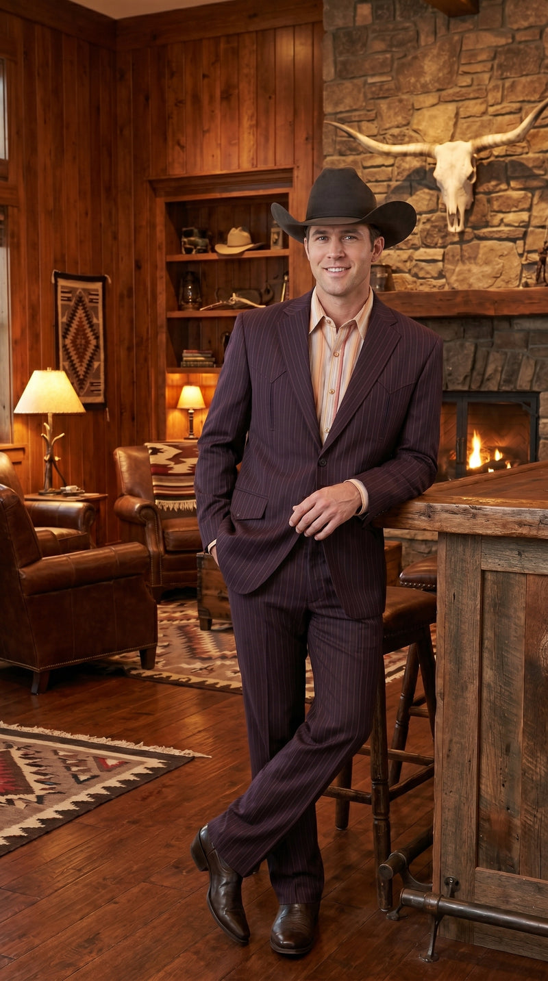 Men’s Brownish Black Pinstripe Western Suit, Cowboy Formal Wedding Ranch Dress Suit Set Slim Fitted