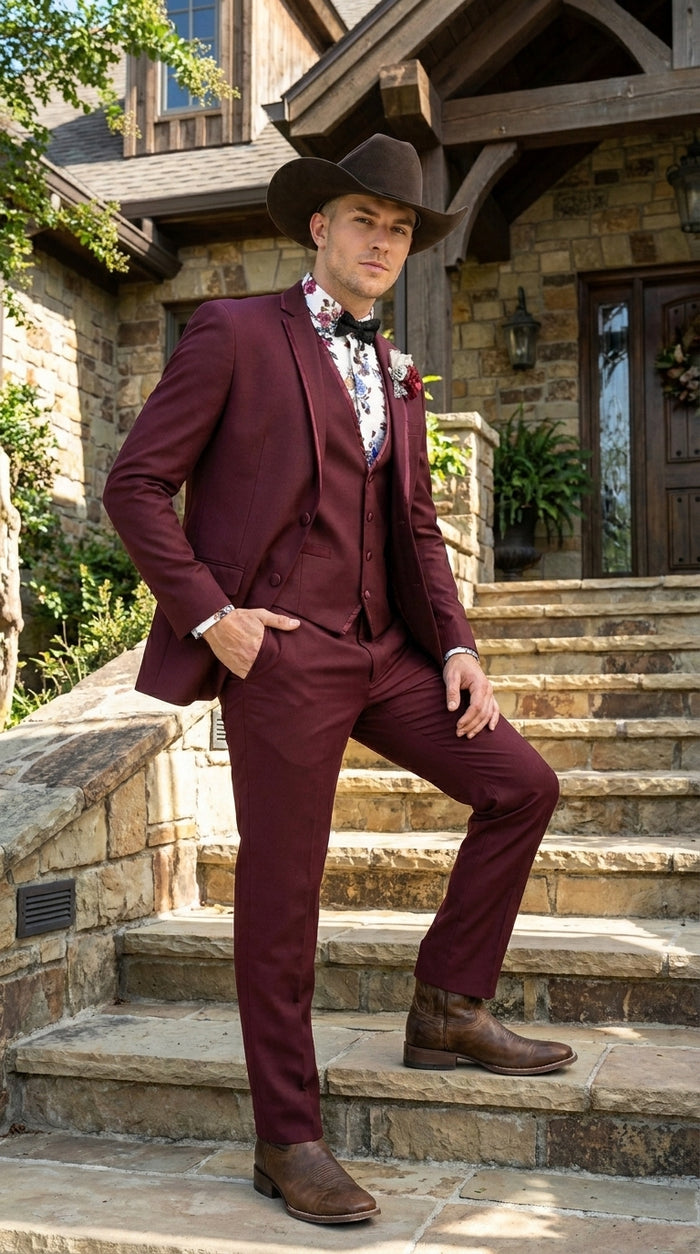 Men’s Burgundy Western Tuxedo Suit, 3 Piece Cowboy Formal Wedding Prom Suit with Satin Trim