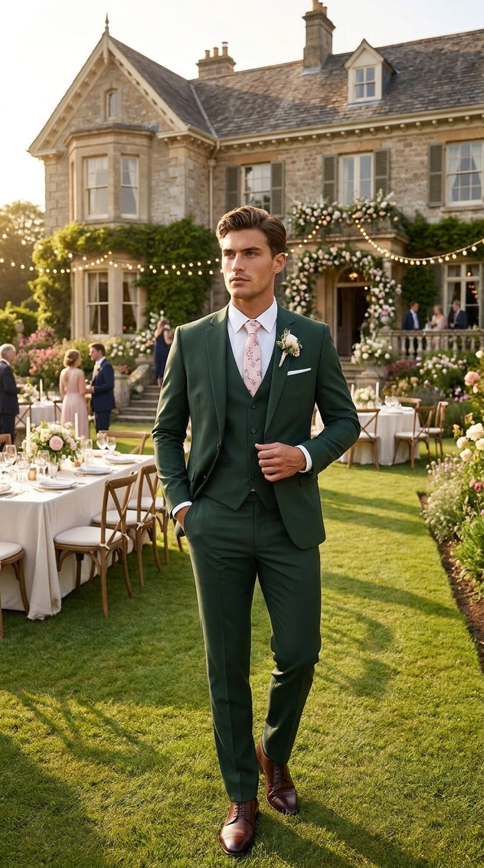 Men’s Forest Green 3 Piece Wedding Suit, Formal Groom Groomsmen Dress Suit Set