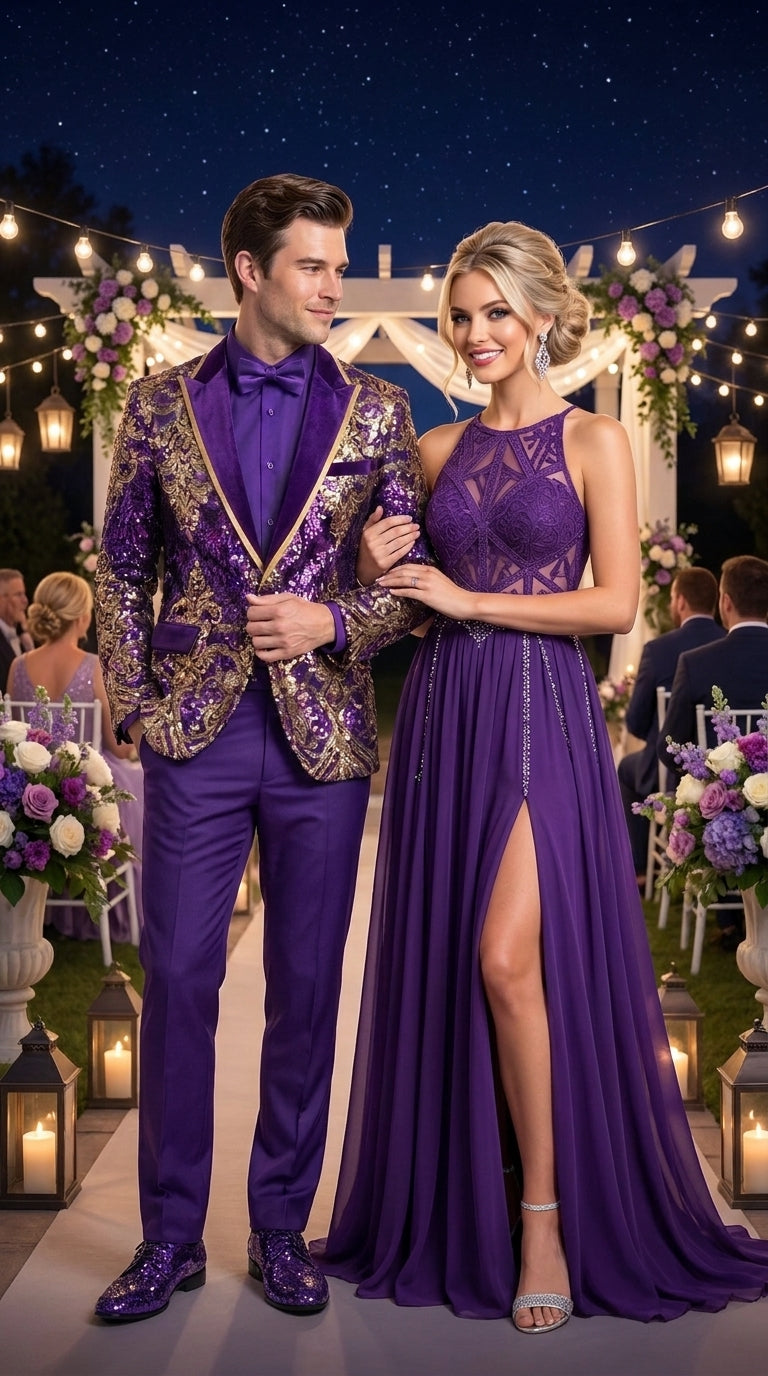 Men’s Purple and Gold Sequin Suit with Pants – Luxury Prom, Wedding and Party Blazer