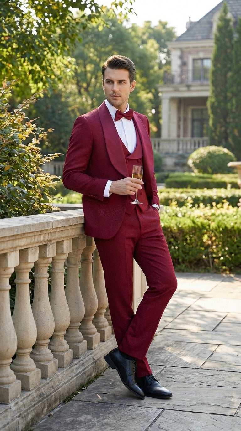Mens Burgundy Wedding Tuxedo Suit – Paisley Three Piece Formal Suit Set with Shawl Lapel for Groom, Prom