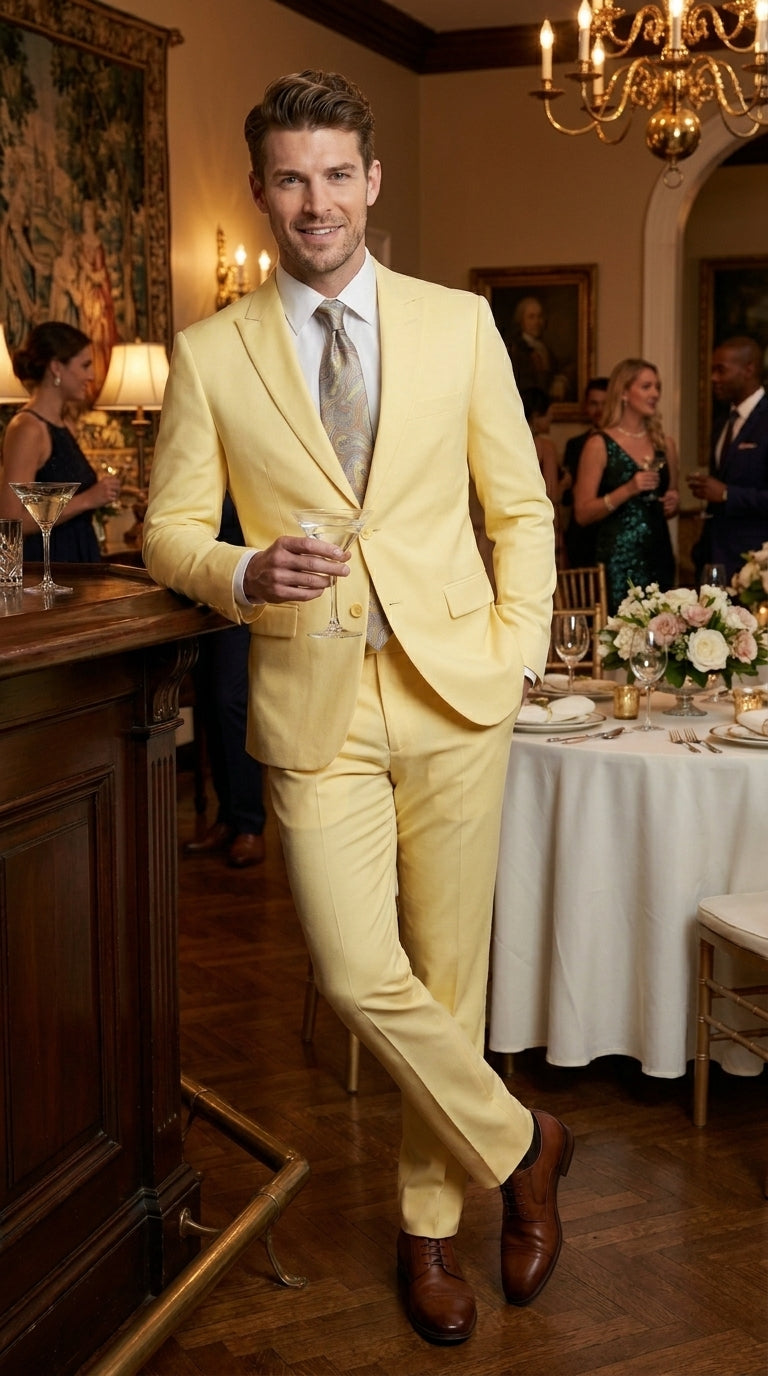 Men’s Pale Yellow 2 Piece Suit, Formal Dress Suit for Weddings, Prom, Parties, Summer Events, and Special Occasions By Vitali