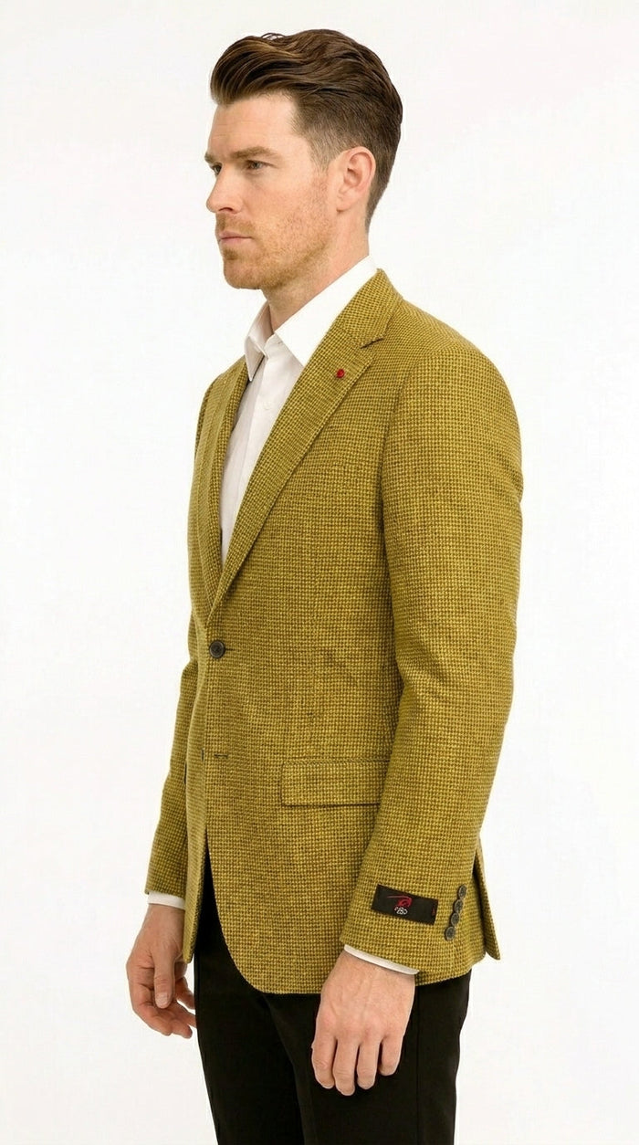 Men’s Mustard Gold Yellow Houndstooth Blazer Jacket, Check Pattern Formal Sport Coat for Weddings, Prom, Business 2 Buttons Modern Fit