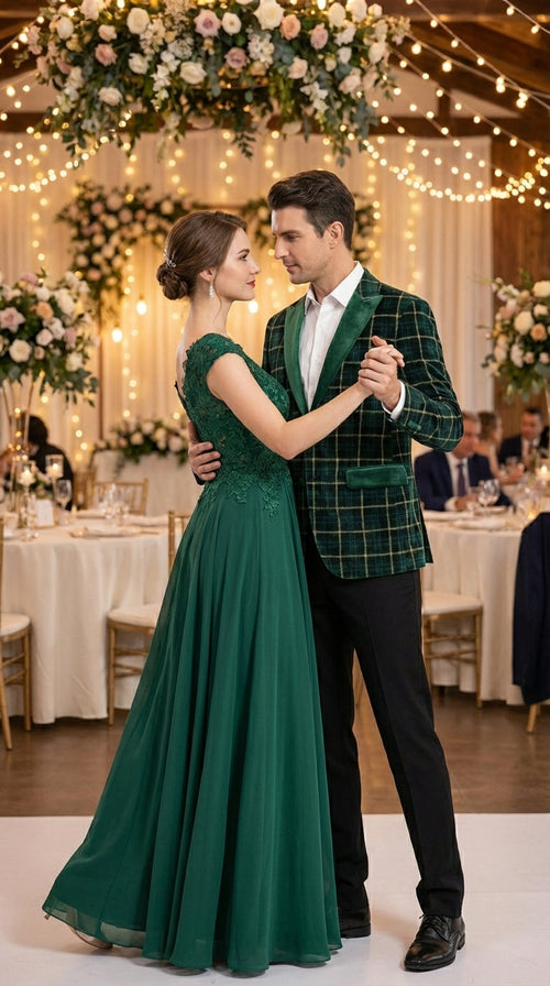 Mens Tartan Green and Gold Check Blazer – Windowpane Plaid Sport Coat Velvet Lapel Plaid Christmas Holiday New Year Jacket