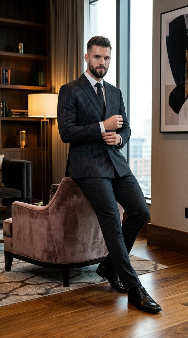 Men’s Black Pinstripe Double Breasted Suit – Classic Formal Business Suit Office and Evening Wear Modern Fit Conservative pattern