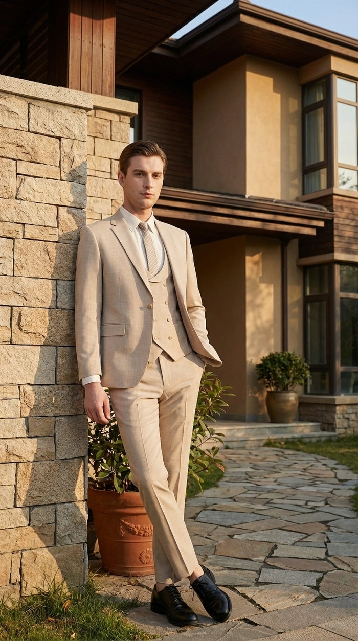 Mens Sand Beige 3 Piece Suit – Double breasted Vest Formal Suit Set  and Dress Pants in Champaign Natural Summer Color