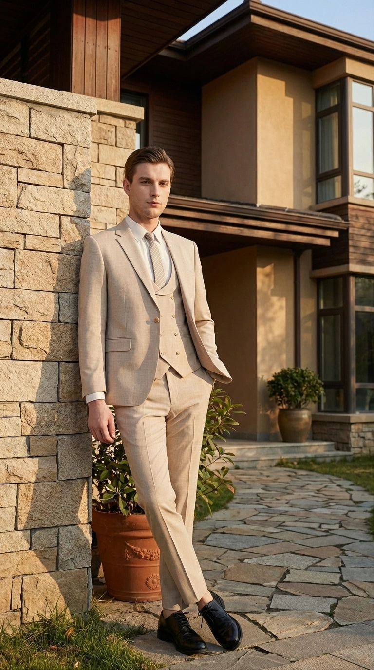 Mens Sand Beige 3 Piece Suit – Double breasted Vest Formal Suit Set  and Dress Pants in Champaign Natural Summer Color