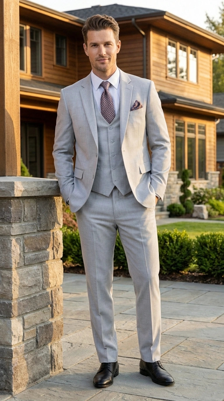 Men’s Light Grey Sharkskin 3 Piece Suit – Two Button Vested Modern Formal Business Suit for Wedding in silver Ice Gray