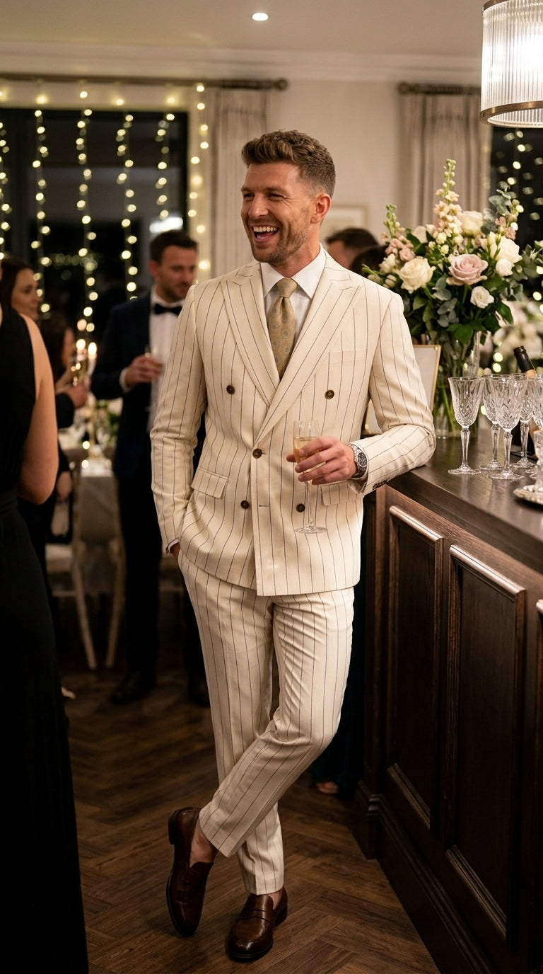 Men’s Cream Off White Pinstripe Linen Pinstripe 2 Piece Double Breasted Suit, Summer Wedding Ivory Color By Vitali