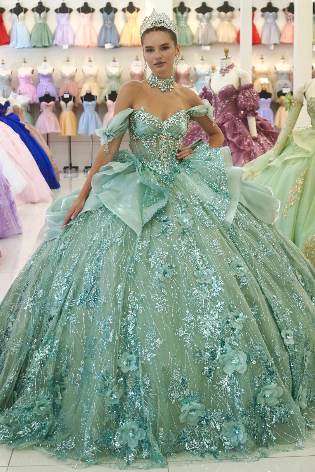 Off-Shoulder Sweetheart Beaded Corset Glitter Ball Gown Quinceañera Dress by Layla K LK313