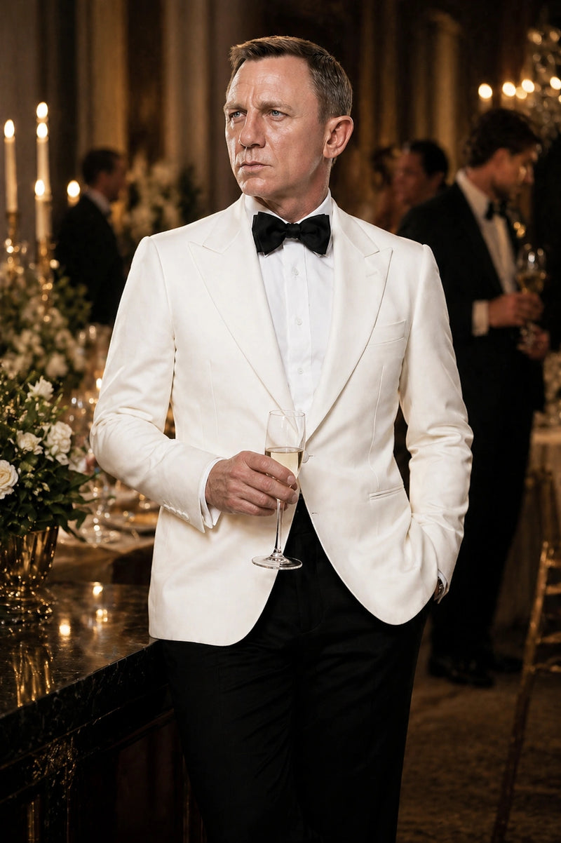 Men’s Pure White Dinner Jacket Blazer – James Bond Style Formal Tuxedo Blazer for Wedding, Black Tie & Evening Wear