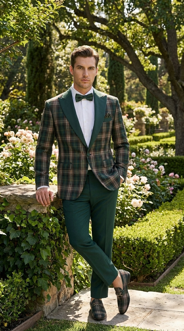 Mens Tartan Green and Brown Blue Plaid Tuxedo Dinner Jacket Set – Checkered Prom Blazer with Dark Green Pants Formal Wedding Party Wear