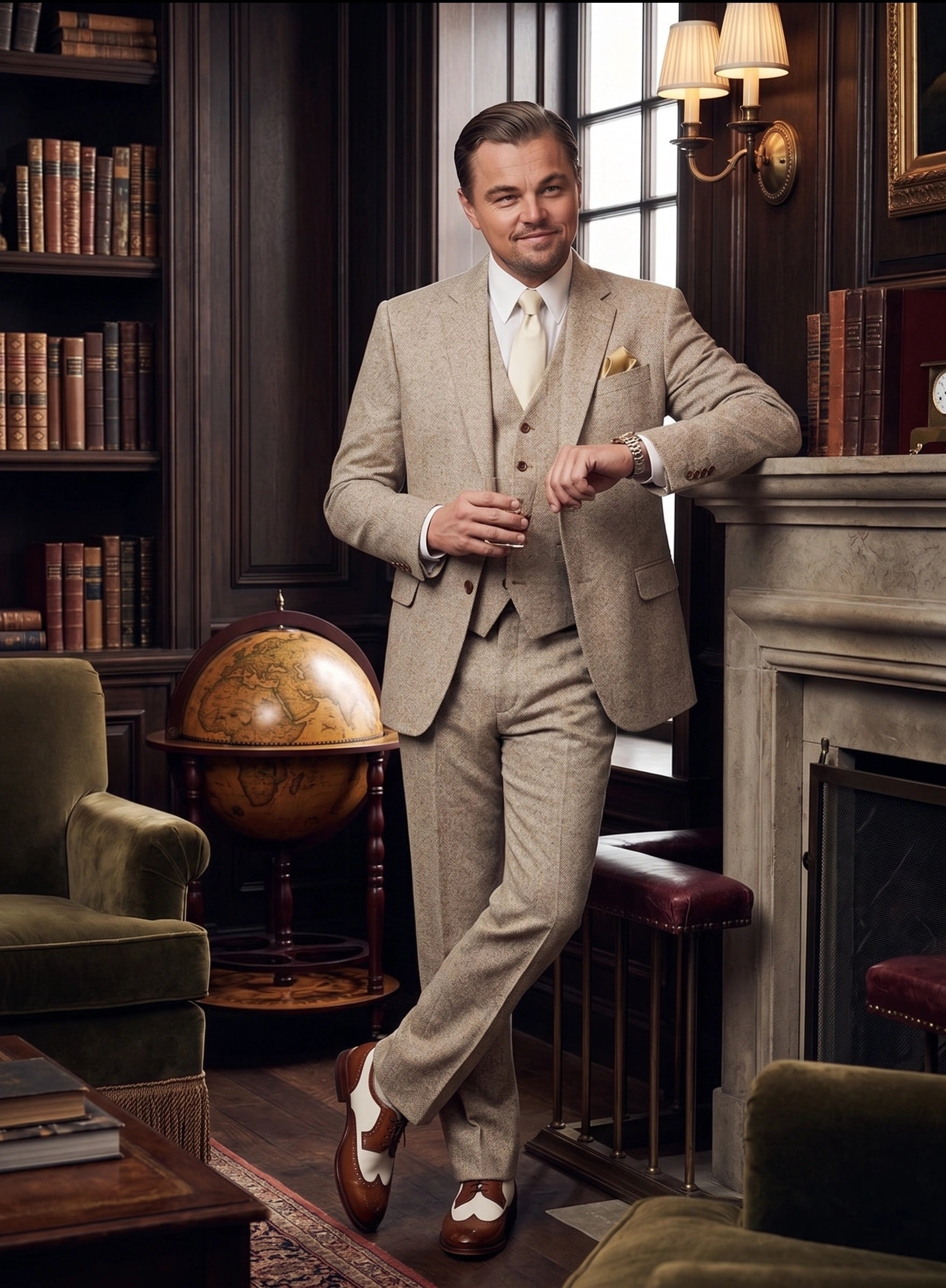 Men’s Light Tan Tweed Great Gatsby 3 Piece Suit – Vintage Vested Wedding Suit, 1920s Classic Formal Outfit Herringbone