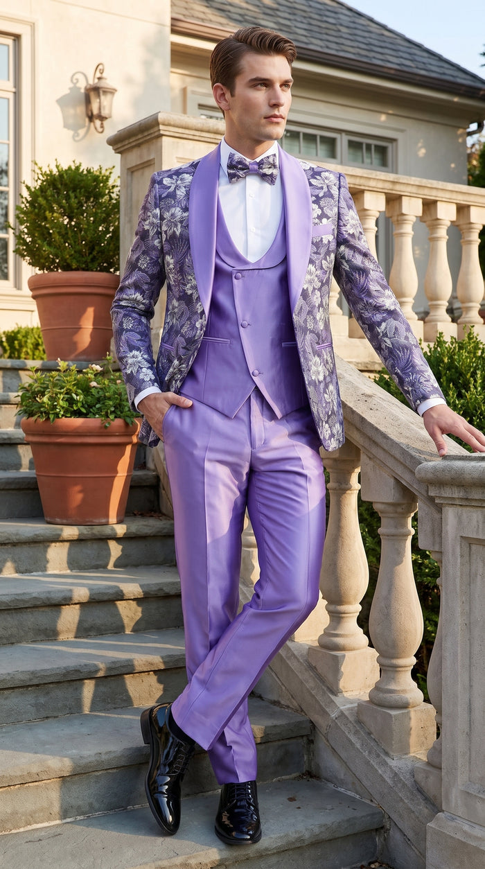 Men’s Lilac Lavender Prom Suit – Floral Shawl Lapel 3 Piece Tuxedo with Matching Vest and Pants