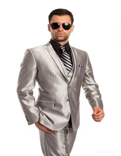 Mens Shiny Mens Tazio Vested Slim Fit Shiny Sharkskin Suit in Silver