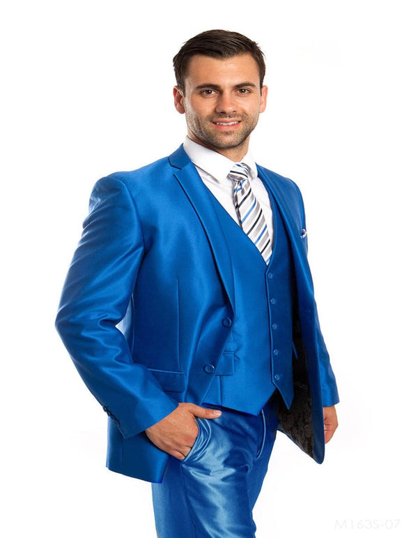 Mens Shiny Mens 2 Button Vested Shiny Sharkskin Suit in Royal Blue