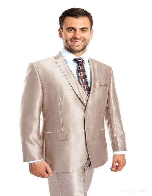 Flashy Suits Mens Tazio Vested Slim Fit Shiny Sharkskin Suit in Champagne