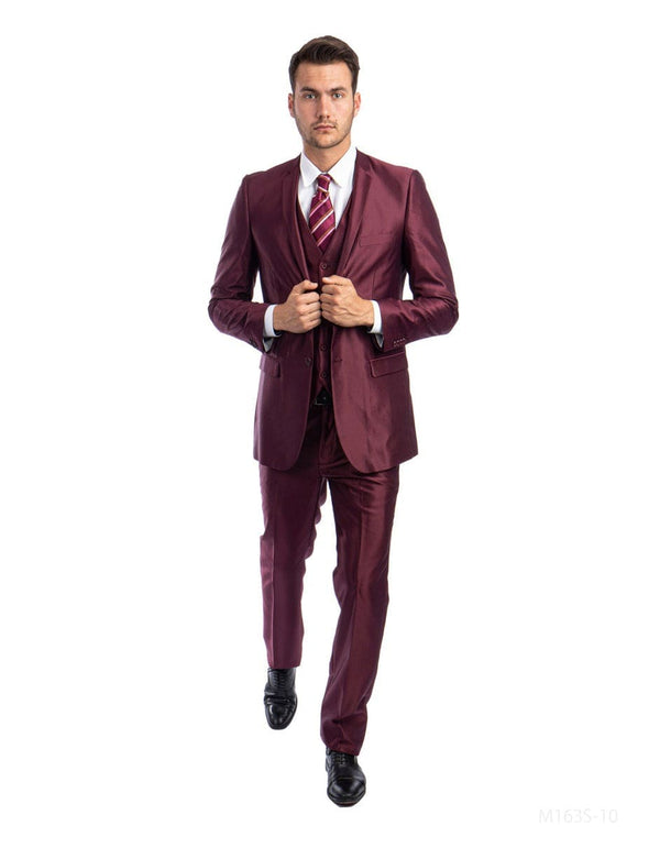 Mens Shiny Mens Tazio Vested Slim Fit Shiny Sharkskin Suit in Burgundy